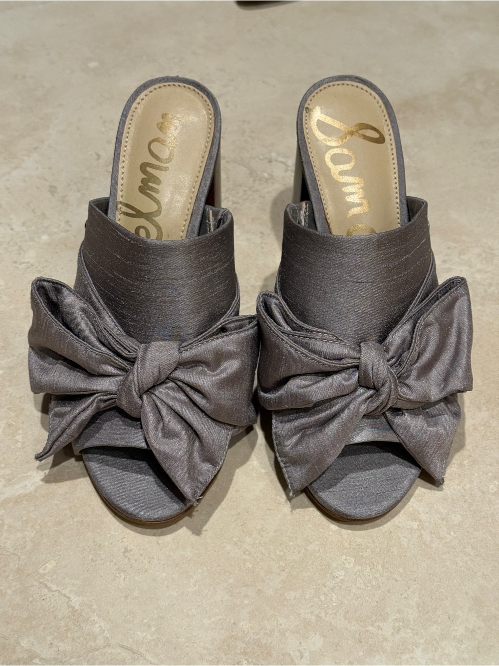 Sam Edelman Pewter Satin Bow Mules